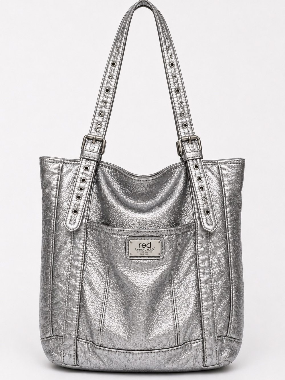2009 Red by Marc Echos Metallic Silver Leather Shoulder Tote Y2K